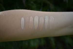 concealers swatch, nars affogato madeline swatch, Bobbi Brown sand swatch, Cle de peau ivory swatch