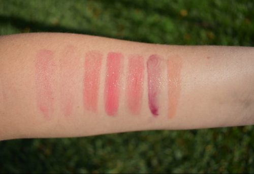Olio E Osso Swatches, Wander Sol Swatch, Chanel healthy glow balm in light swatch, glossier berry swatch, clarins lip swatch