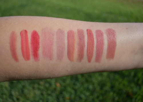 Nars Lipstick Swatch, Armani 504 swatch, ruby woo swatch, glossier like swatch, Serge Lutens lipstick swatch, Charlotte tilbury very Victoria swatch, chantecaille honeypot swatch, Chanel amoreaux swatch
