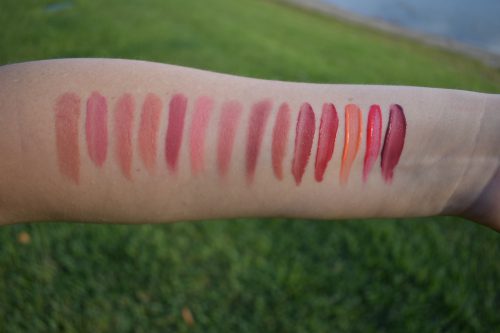 Chanel Adrienne swatch, Armani 100 swatch, Laura Mercier sensual swatch, w3ll people soul mate swatch, onyx squad goals swatch, surratt gentillesse swatch, Tom Ford shade and illuminate lips swatch